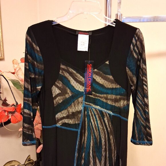 NWT Simon Chang Women’s Classy Stretchy Black Teal Maxi Dress ¾ Sleeve Size 8 - Picture 6 of 8